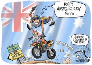 Cartoon: Daniel Sanders, 2025 Dakar Rally champion